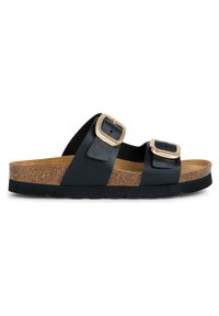 Svarta sandaler med två justerbara remmar, försedd med gyllene spännen, en korkfotbädd och en texturerad svart gummisula.