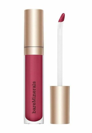 BareMinerals læbepomade med guldkappe og skrå applikator dyppet i en mauve-rosa nuance mod hvid baggrund.