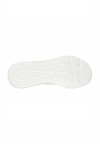 Sole di scarpa in gomma bianca con un motivo testurizzato, che include linee orizzontali e forme geometriche per migliorare la trazione. Bordi lisci per un aspetto pulito.