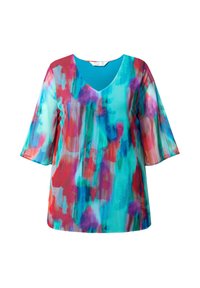 Blusa multicolore con scollo a V, maniche a campana corte e un motivo astratto nei toni del blu, rosso e rosa con una texture liscia.
