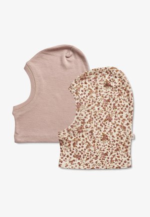 Zwei Babymützen: eine in einfarbigem hellrosa, die andere mit einem cremefarbenen Hintergrund und einem Blumenmuster in pink und braunen Tönen. Weicher, dehnbarer Stoff.