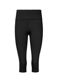 Zwarte leggings tot de kuit met een glad, rekbaar materiaal. Heeft een brede tailleband en platte naden voor comfort en flexibiliteit.