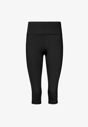 Czarne legginsy do połowy łydki o gładkiej, elastycznej teksturze. Posiadają szeroki pas i płaskie szwy dla komfortu i elastyczności.