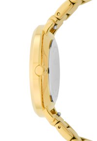 Guldfärgad armbandsur med rund boett, slät yta och silverbaksida. Har en enkel krona och länkad metallarmband.