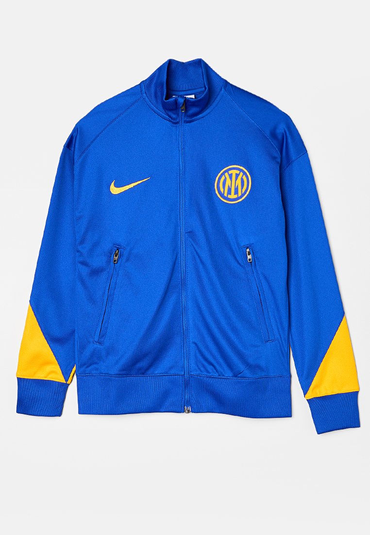 Blaues Zip-Jackett mit gelben Akzenten, aus glattem Stoff. Verfügt über zwei Reißverschlusstaschen und ein rundes Logo auf der Brust.