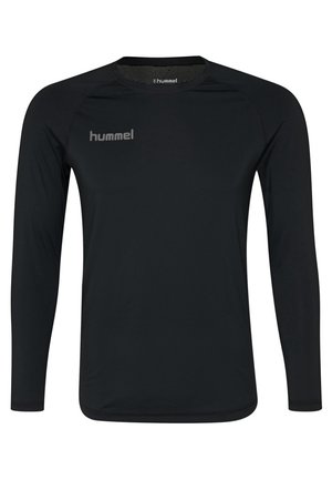 Czarna sportowa koszulka z długim rękawem, okrągłym dekoltem, lekkim materiałem i szarym logo "hummel" na górnej lewej części klatki piersiowej.