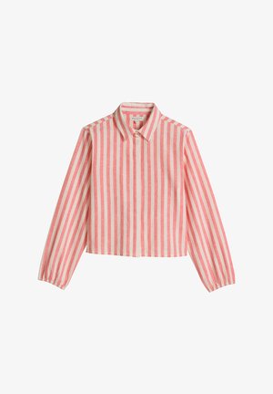 Langärmliges, kurz geschnittenes Hemd mit vertikalen rosa und weißen Streifen, spitzem Kragen und elastischen Bündchen.