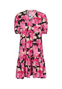 Černé šaty s krátkým rukávem a rozšířenou sukní, s živým růžovým květinovým vzorem a béžovými akcenty, vyrobené z lehkého materiálu.