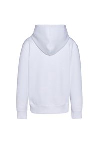 Biała bluza z kapturem z kangurzą kieszenią, ribbowanymi mankietami i kapturem. Tkanina wydaje się miękka, o gładkiej fakturze i minimalnych detalach.