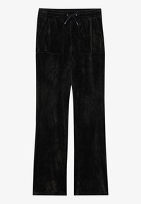 Pantalones de terciopelo negro con cintura ajustable por cordón, que presentan dos bolsillos frontales y un diseño de pierna amplia, textura suave y color sólido.