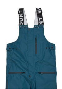 Tegenovergestelde sneeuw overalls in teal met verstelbare zwarte bretels. Kenmerken zijn onder andere twee ritszakken, drukknoopsluitingen en een duurzame, waterafstotende stof.