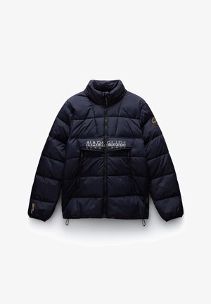 Giacca imbottita blu navy con zip frontale, due tasche con zip, logo "Napapijri" sulla patta del petto e patch del logo sulla manica sinistra.