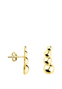 Orecchini a perno color oro con un design graduato che presenta tre perle sferiche. Superficie liscia e riflettente con una chiusura sicura.