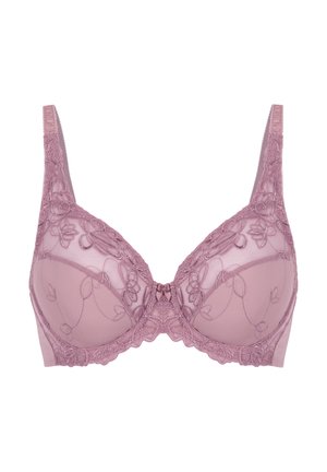 Lace cup bh in mauve met bloemengestoe. Beschikt over verstelbare bandjes, een strikdetail in het midden en een doorschijnende, gestructureerde afwerking.