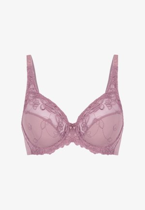 Spitzen-Cup-BH in Mauve mit floralem Stickereimuster. Mit verstellbaren Trägern, einem Schleifendetail in der Mitte und einer transparenten, strukturierten Oberfläche.