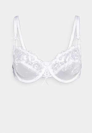 Weißer Spitzen-BH mit floralem Stickerei, Unterstützung durch Bügel, verstellbaren Trägern und einem zentralen Schnürdesign. Glatte Satinschalen.