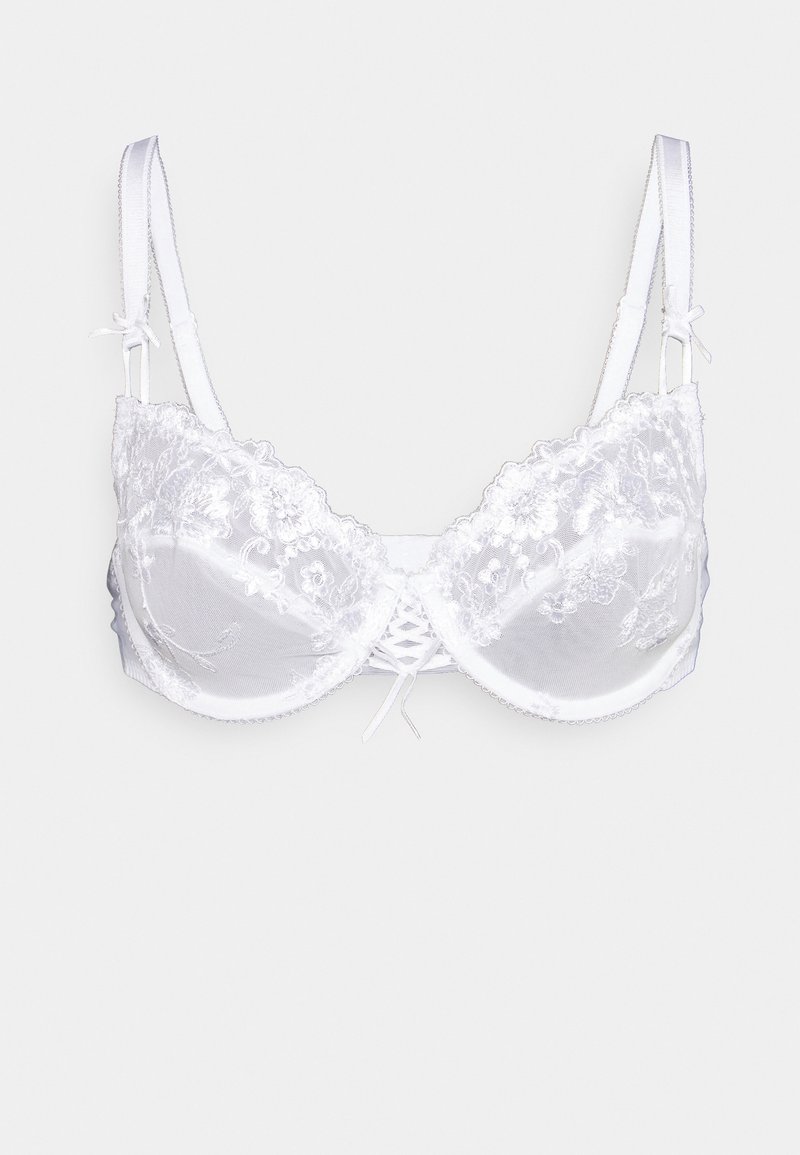 Biely čipkovaný podprsenka s kvetinovou výšivkou, s podporou kostíc, nastaviteľnými ramienkami a centrálnym viazaním z čipky. Hladké saténové košíky.