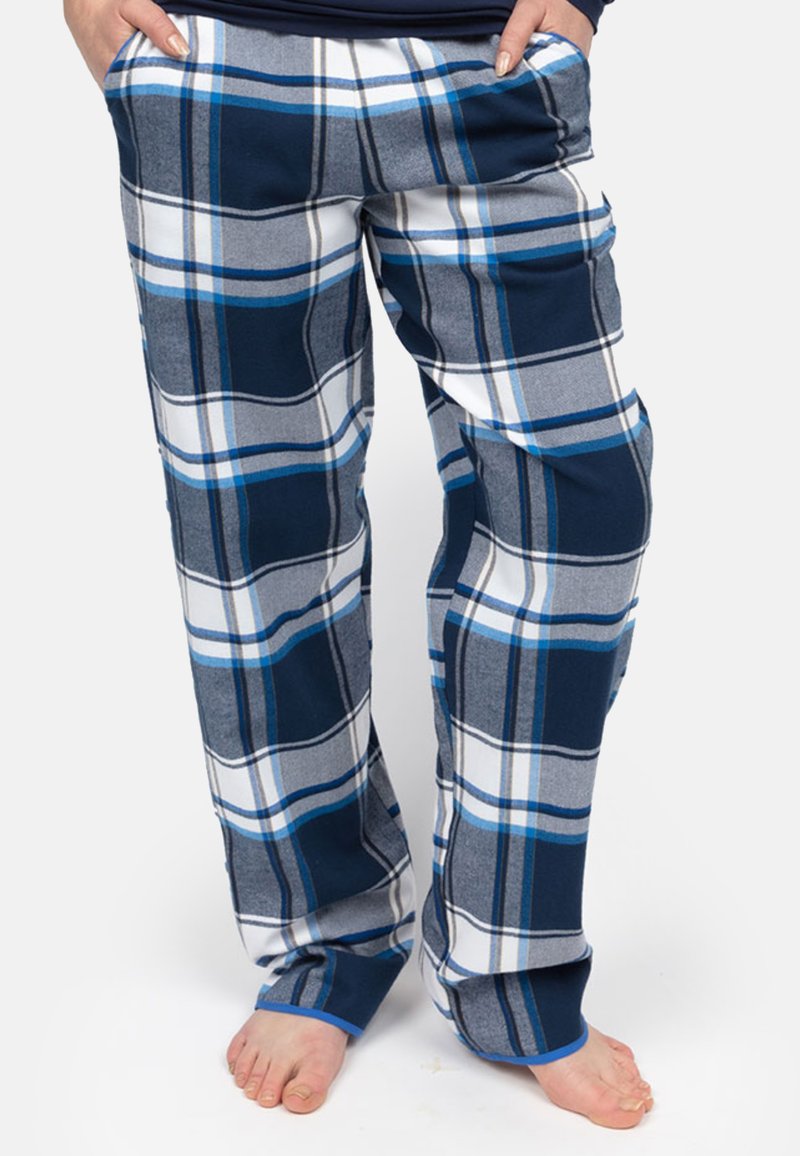 Granatowe, szare i białe spodnie dresowe w kratę. Wykonane z miękkiego flaneli, charakteryzują się luźnym krojem i elastycznym pasem.