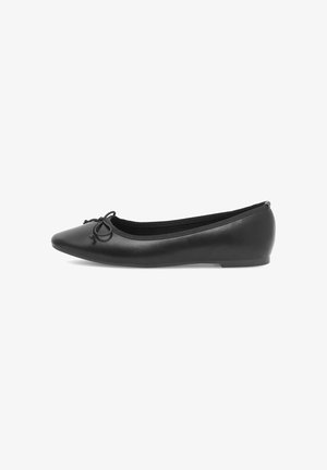 Black leather ballet flat with rounded toe, small bow detail on top, and low heel, shown in side profile on white background.