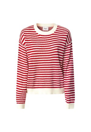 Bluza w czerwono-białe poziome paski, z długim rękawem, okrągłym dekoltem i ściągaczami przy mankietach i dole.