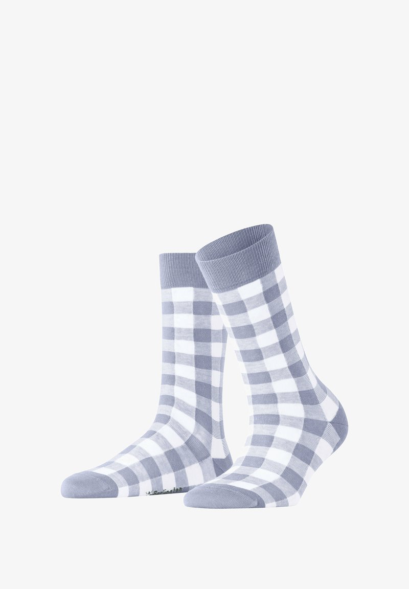 Gray and white checkered socks with a ribbed cuff, mid-calf length, smooth texture, and a solid gray toe and heel.