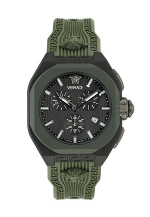 Versace grüne und schwarze Chronographuhr mit Medusa-Logo, drei Unterzifferblättern, Datumsanzeige und gemustertem Gummiband mit erhabenen Medusa-Köpfen.