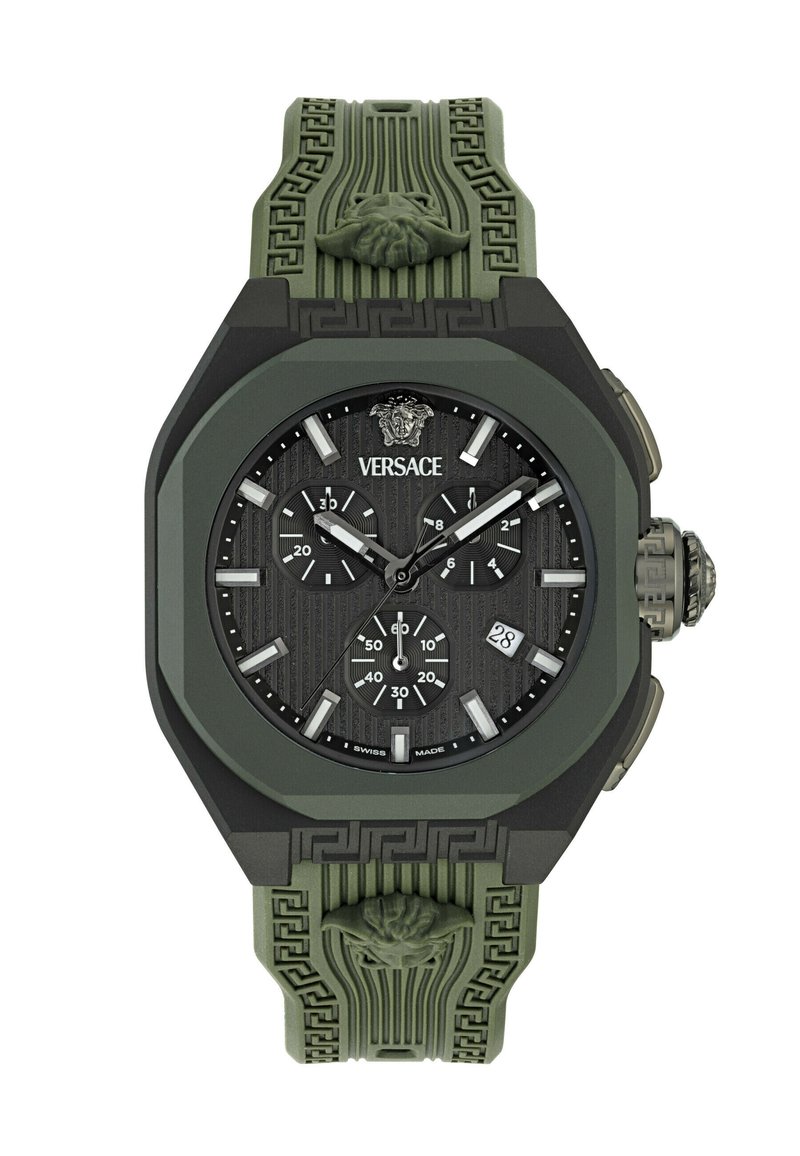 Versace grüne und schwarze Chronographuhr mit Medusa-Logo, drei Unterzifferblättern, Datumsanzeige und gemustertem Gummiband mit erhabenen Medusa-Köpfen.