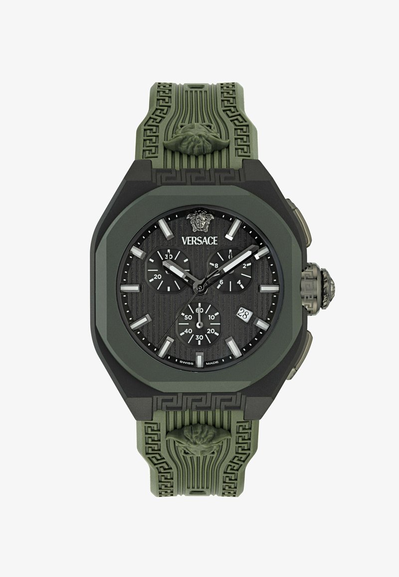 Versace žalias ir juodas chronografo laikrodis su Meduza logotipu, trimis subtigilais, datos rodmeniu ir raštuota guma juosta su iškilusiomis Meduza galvomis.