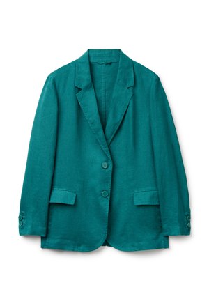 Türkisfarbenes Leinen-Blazer mit Reverskragen, zwei frontalen Klapptaschen, Zwei-Knopf-Verschluss und Knopfmanschetten, auf weißem Hintergrund präsentiert.