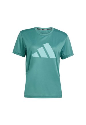 Kurzärmliges, türkisfarbenes Sport-T-Shirt aus glattem Material, mit einem großen hellblauen Adidas-Logo auf der Vorderseite und einem runden Ausschnitt.