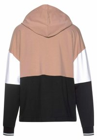Mikina s kapucí s barevným blokem v béžové, bílé a černé, s dlouhými rukávy a volným střihem.