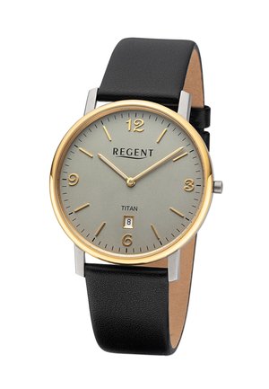 Titan watch with a gray dial, gold-tone hour markers, and hands; black leather strap; date display at six o'clock; stainless steel case.
