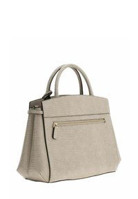 Sac à main gris texturé avec deux anses supérieures et une poche zippée à l'avant. Forme rectangulaire avec un design structuré et un motif horizontal subtil.