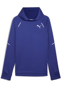 Felpa a maniche lunghe viola con cappuccio realizzata in tessuto strutturato, con accenti bianchi e un piccolo logo sulla parte anteriore.