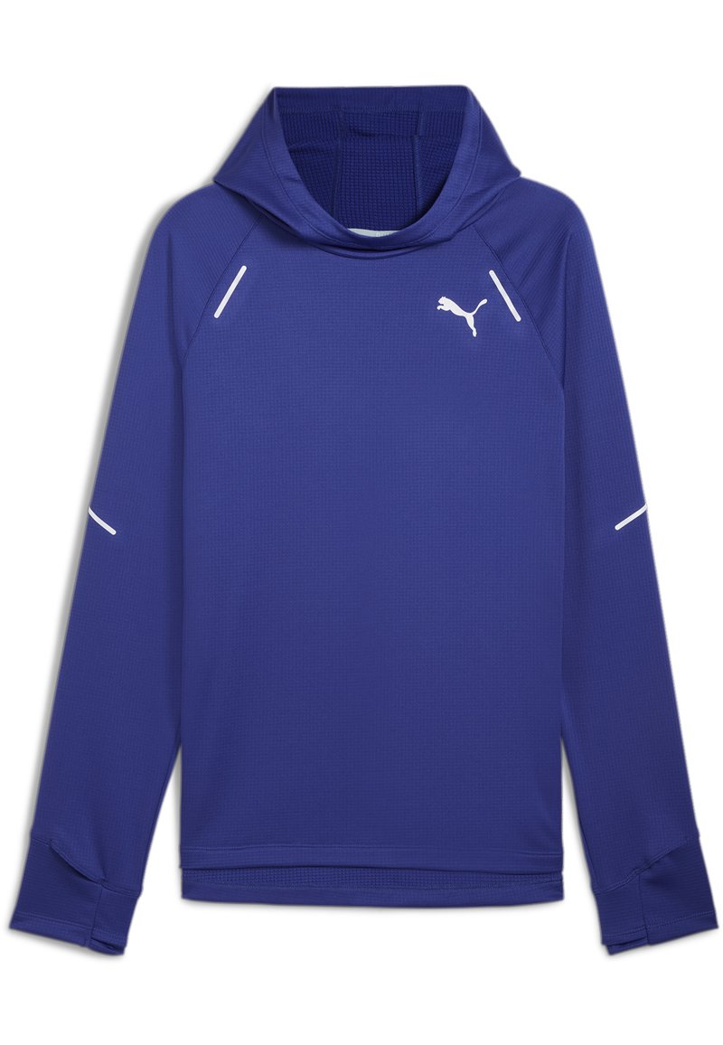 Felpa a maniche lunghe viola con cappuccio realizzata in tessuto strutturato, con accenti bianchi e un piccolo logo sulla parte anteriore.