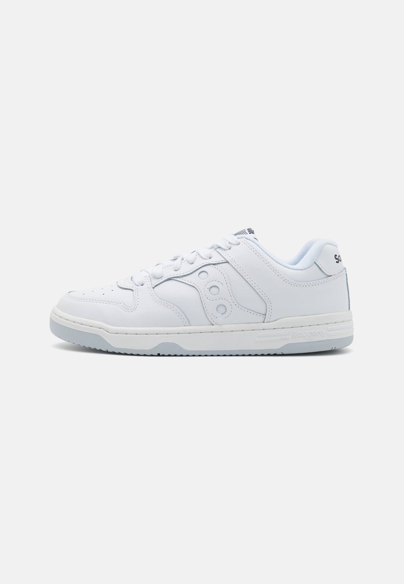 White leather sneakers with a low-top design, textured surface, perforation detailing, and a light blue accent near the heel.