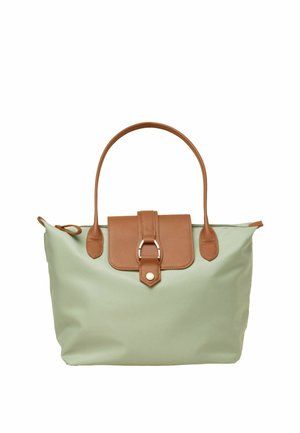 Jasnozielona torba na ramię z brązowymi skórzanymi uchwytami i klapką, z centralnym paskiem z klamrą i zamkiem błyskawicznym.