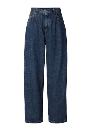 Jeans mit hoher Taille und weitem Bein in dunkelblauem Denim. Mit klassischem Fünf-Taschen-Design und Metallknopfverschluss. Leicht ausgewaschene Textur.