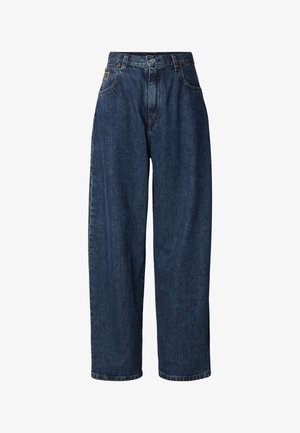 Højtaljede, vidde bukser i mørkeblåt denim. Har klassisk design med fem lommer og lukning med metalknap. Let falmet tekstur.