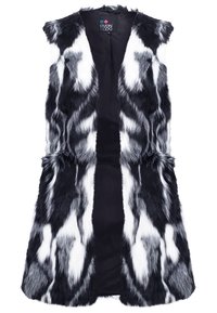 Czarny i biały kamizelka z sztucznego futra o bezrękawnikowym kroju. Miękka, długa tekstura z wyraźnym wzorem zwierzęcym i otwartym przodem.