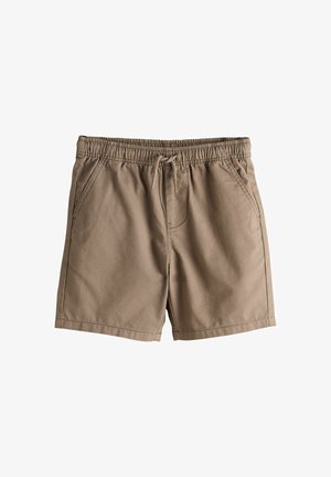 Bañador corto color caqui con cintura elástica y cordón ajustable, dos bolsillos laterales y textura de tejido suave.
