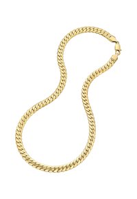 Guld kædede halskæde med sammenflettede led, glat tekstur og en sikker lås. De rundede led skaber et kontinuerligt, strømmende design.