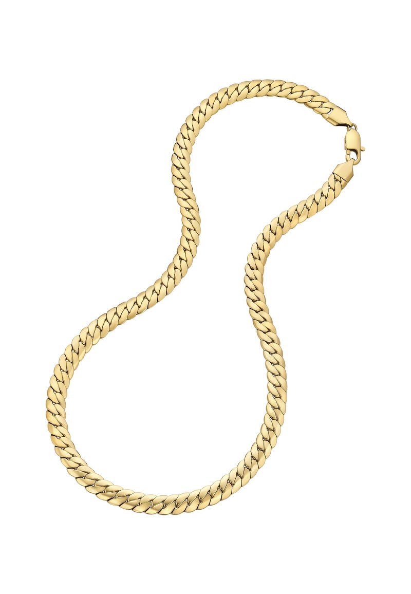 Guld kædede halskæde med sammenflettede led, glat tekstur og en sikker lås. De rundede led skaber et kontinuerligt, strømmende design.