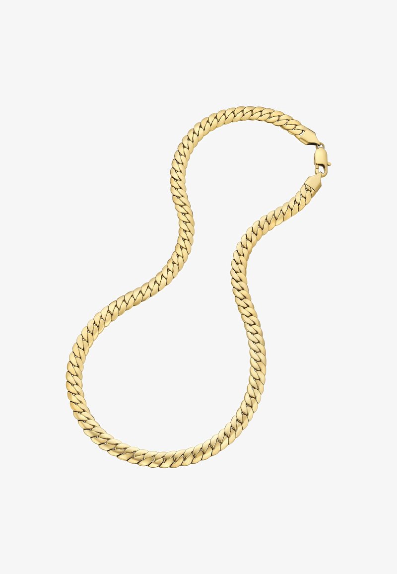 Guld kædede halskæde med sammenflettede led, glat tekstur og en sikker lås. De rundede led skaber et kontinuerligt, strømmende design.