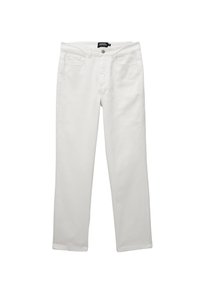Jeans en denim blanc avec une coupe droite, dotés d'une fermeture par bouton à l'avant, de cinq poches et de coutures décoratives. Design épuré et minimal.