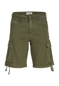 Olivengröna cargo-shorts med fram- och sidofickor, tillverkade av lättviktig tyg. Har justerbara dragsnören vid fållen.