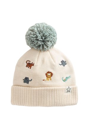 Cremefarbene gestrickte Baby-Mütze mit großem grauem Bommel und eingestickten Tieren, darunter Löwe, Elefant, Krokodil, Tiger und Maus.