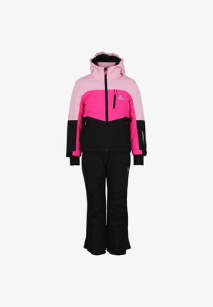 Tuta da sci rosa e nera con giacca con cappuccio caratterizzata da un design a blocchi di colore diagonali e pantaloni neri. Realizzata in materiale resistente e imperméabile.