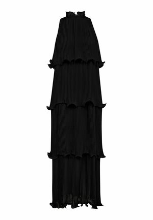 Vestido negro de longitud hasta el suelo, hecho de tejido plisado con volantes en capas. Diseño de cuello alto, silueta fluida, textura suave, sin herrajes visibles.