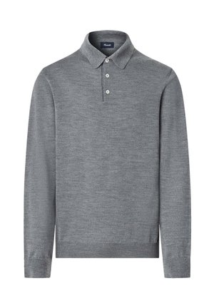 Graues Langarmpolo aus glattem Material, ausgestattet mit einem klassischen Kragen, einer Dreiknopfblende sowie gerippten Bündchen und Saum.
